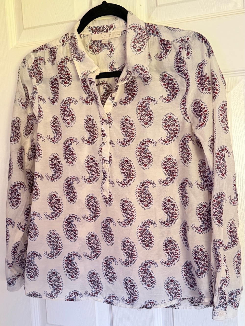 LOFT Women’s Red, White and Blue Paisley-Print Long-Sleeve Shirt
